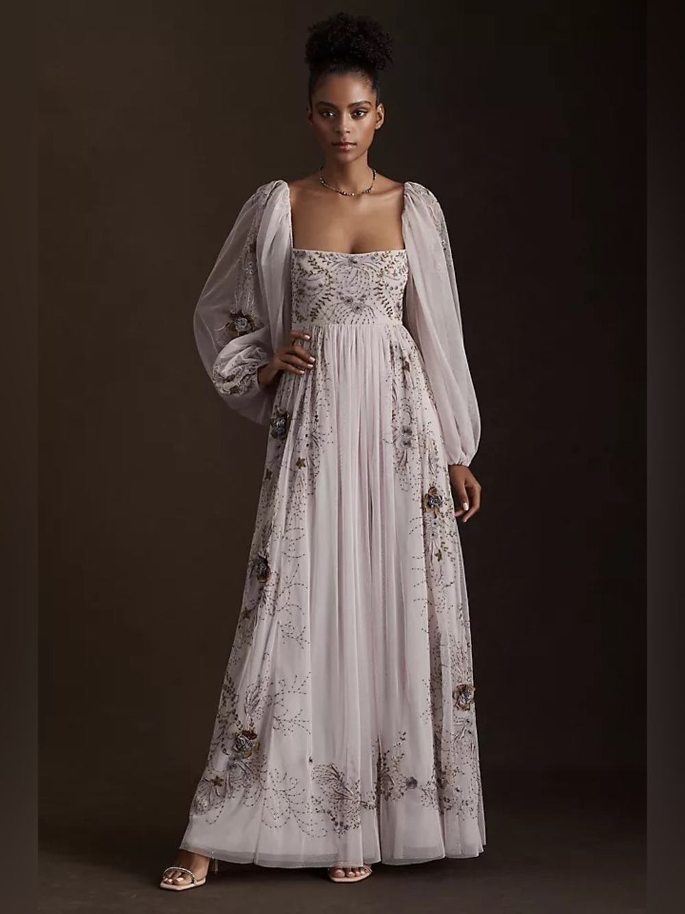 BHLDN Stargazer Purple Valetta Empire-Waist Puff-Sleeve Backless Gown